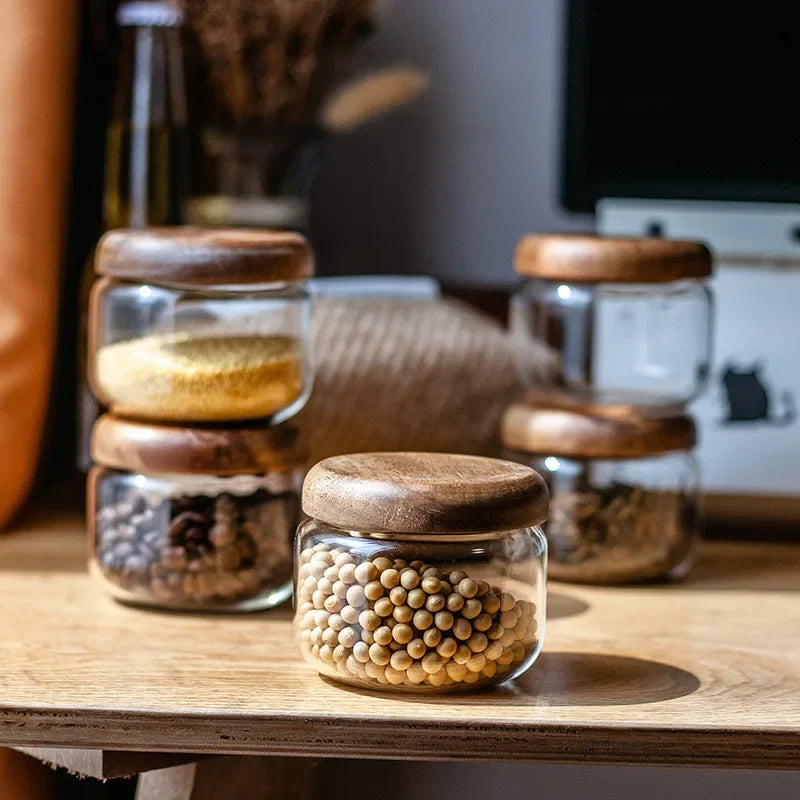 Axya Acacia Wood Glass Storage Jar for Tea, Snacks, and Grains