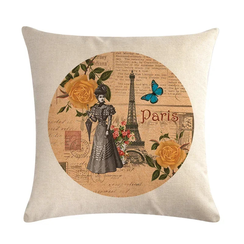 Axyaa Retro Bike Woman Linen Pillowcase 45*45cm Decorative Sofa Cushion Cover