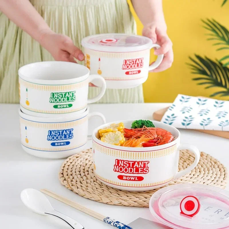 Axyaa Ceramic Noodle Bowl with Lid - Large Capacity Soup & Salad Lunch Box