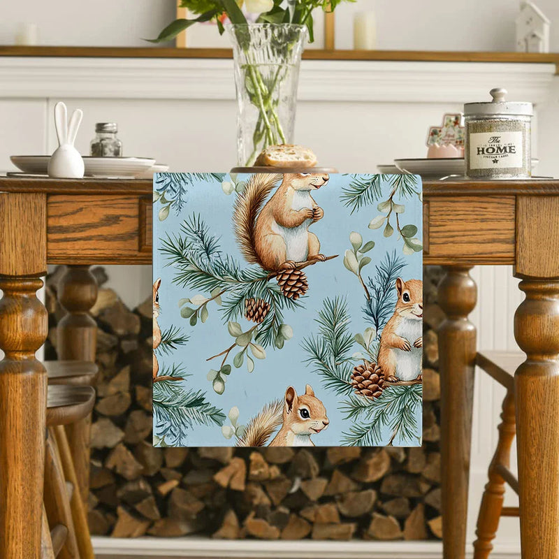 Axyaa Christmas Squirrel Table Runner Pine Cone Decoration Dining Coffee Runners