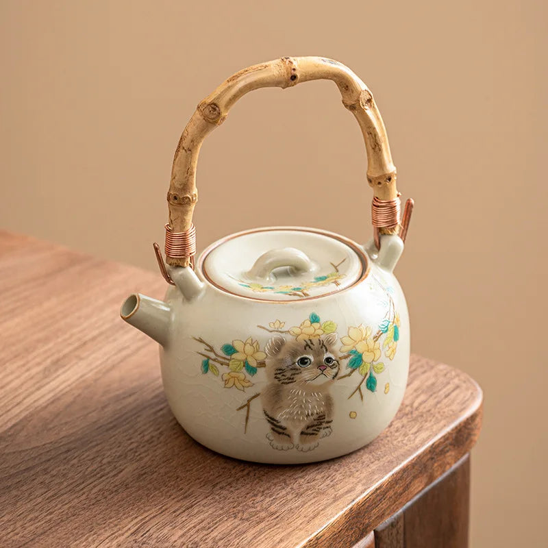 Axya Cat Doodle Teapot Kettle Set, Vintage Chinese Porcelain Tea Pot