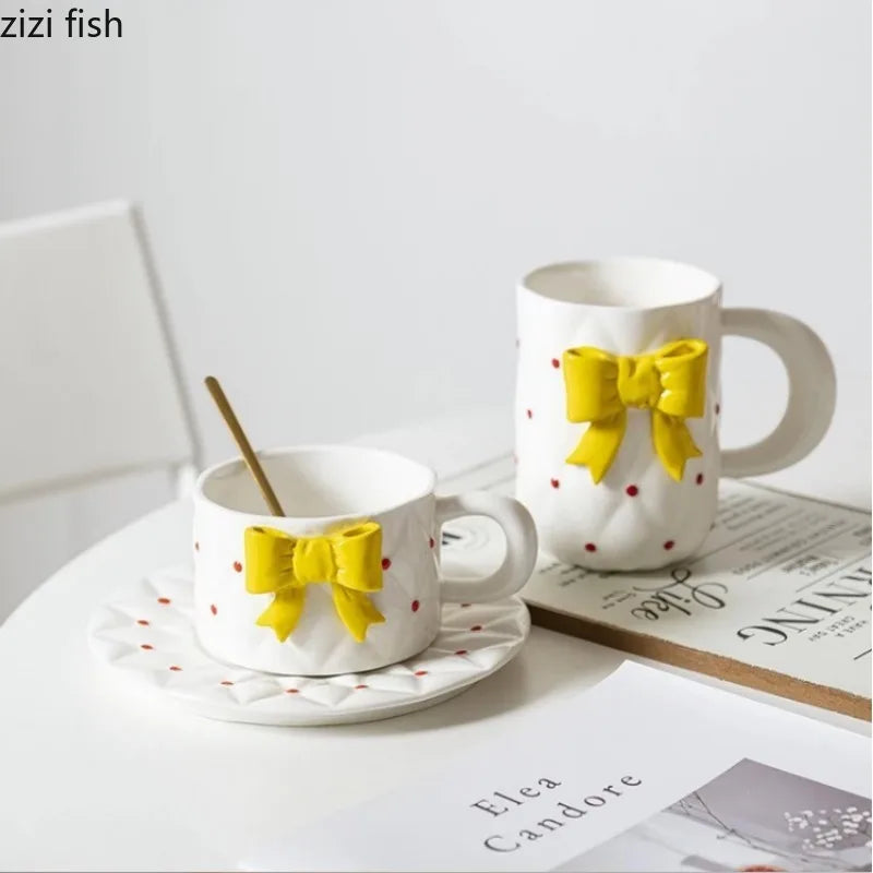 Axya Bow Knot Ceramic Cup and Plate Set for Girls - Breakfast to Afternoon Tea Mug