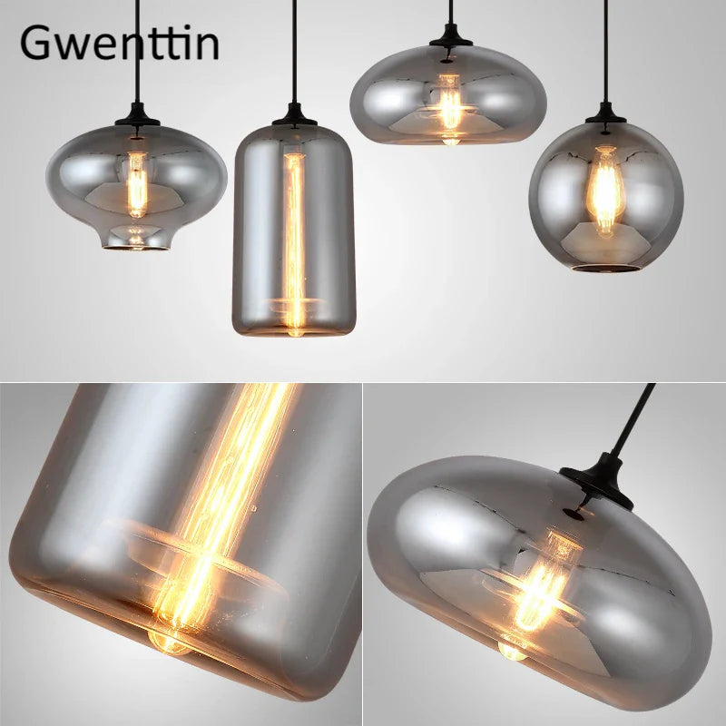 Axyaa Nordic Smoky Gray Glass Pendant Lights LED E27 Industrial Hanging Lamp