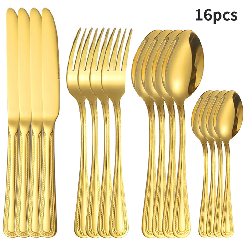 Axyaa Gold Stainless Steel Tableware Set - Knife, Fork, Spoon - 4/6/16/24pcs
