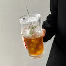 Axyaa Stripe Glass Coffee Cup With Lid and Straw - Transparent Drinkware for Refreshing Beverages