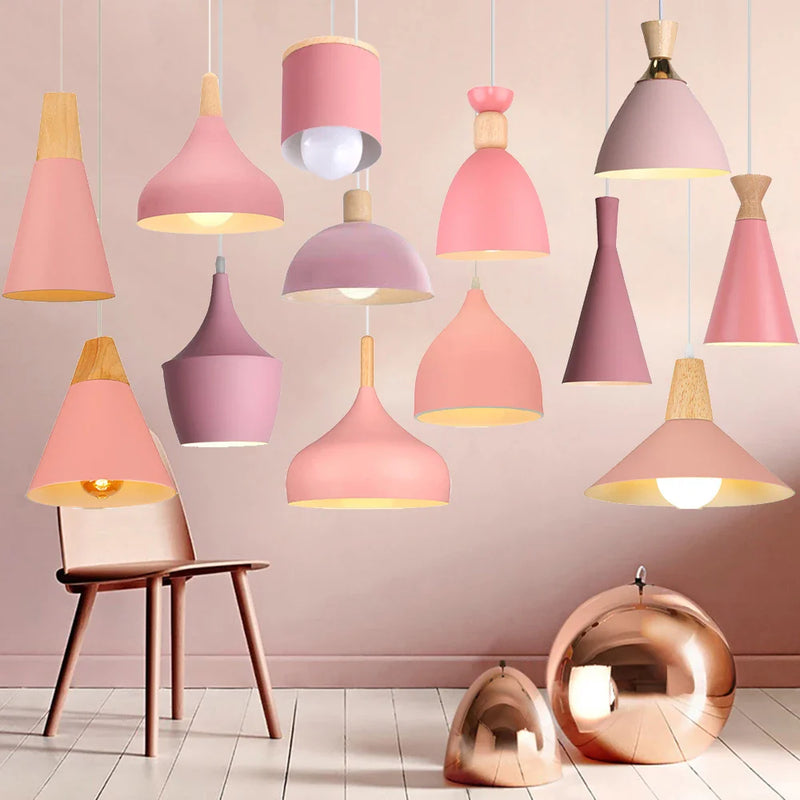 Axyaa Pink Wood Pendant Light: Nordic Modern E27 Shade for Home Decor Lighting
