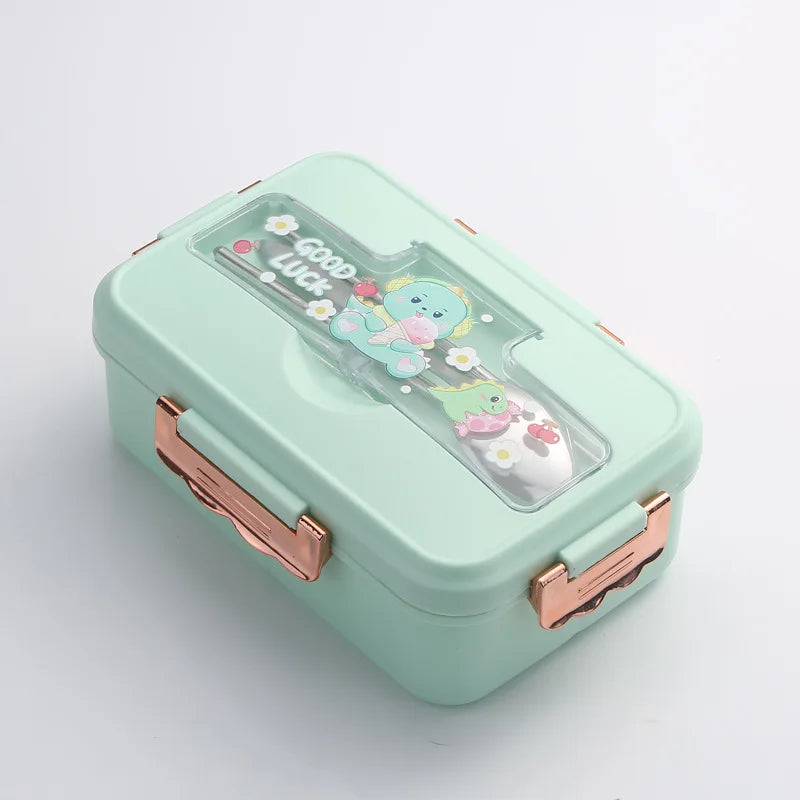 Axyaa Cartoon Pattern Bento Box with Cutlery, 3 Grid, Microwave-Safe Office Lunch Box