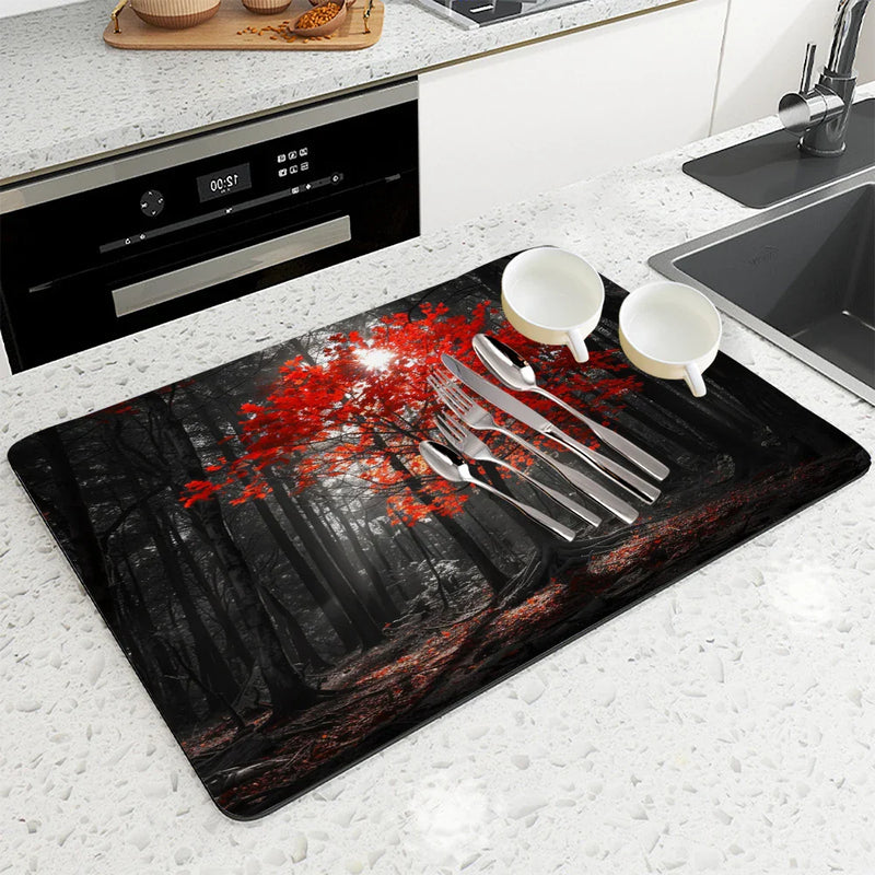 Axyaa Autumn Scenery Drain Pad: Absorbent & Anti-slip Dry Mat for Dishes & Cups