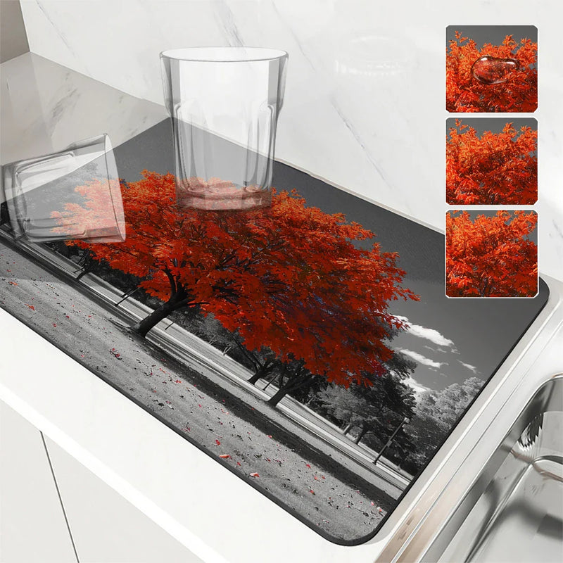 Maple Park Meadow Drying Mat by Axyaa: Non-Slip Absorbent Tableware Mat