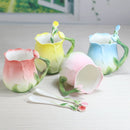 Axya Rose Ceramic Coffee Cup with Spoon - Embossed Cartoon Flower Pattern Mug