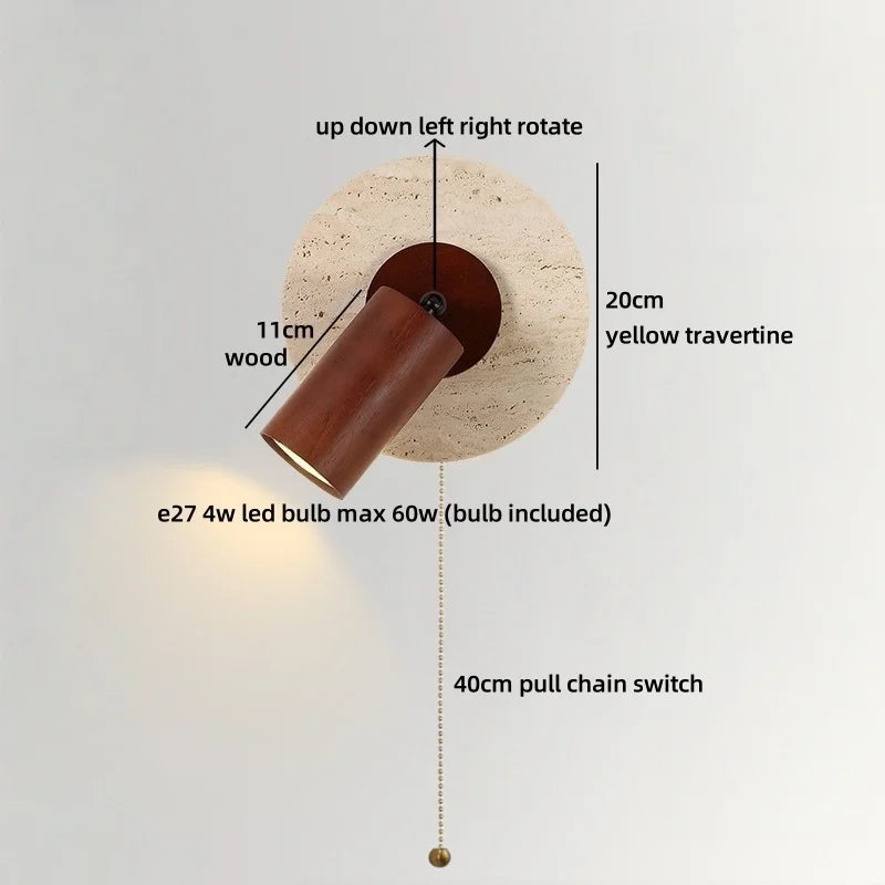 Axyaa Wabi Sabi LED Wall Lamp Yellow Travertine Wood Lampshade, Bathroom Mirror Light