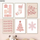 Boho Pink Christmas Tree Snowflake Wall Art Print Set by Axyaa