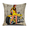 Retro Motorcycle Girls Linen Pillow Cover by Axyaa