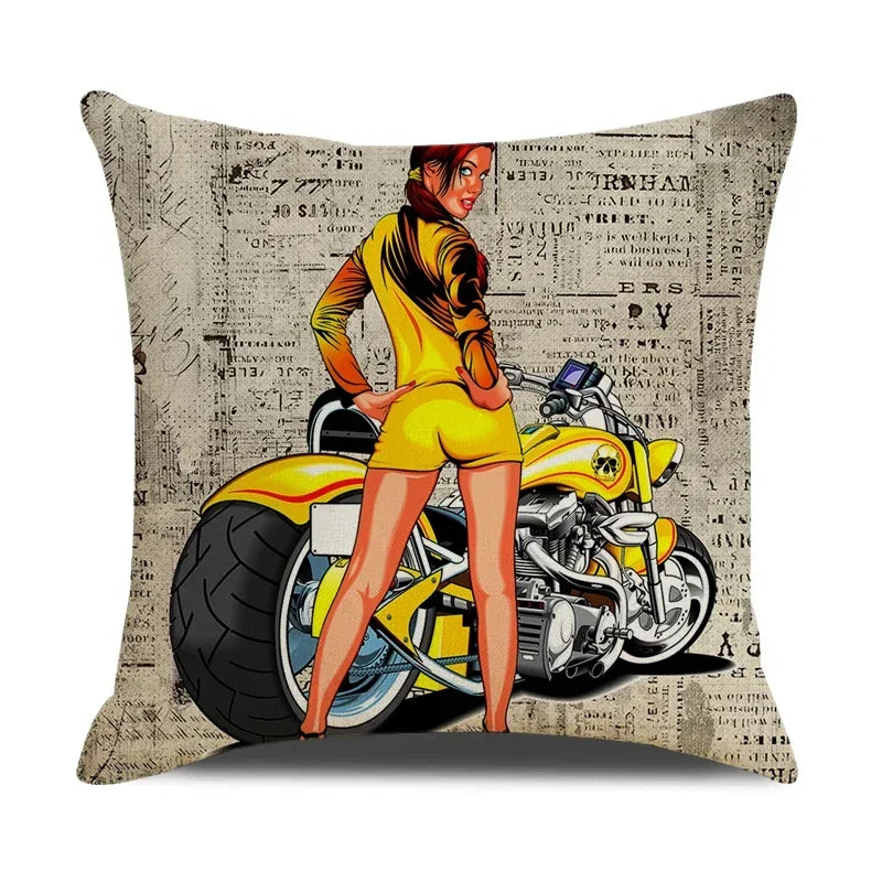 Retro Motorcycle Girls Linen Pillow Cover by Axyaa