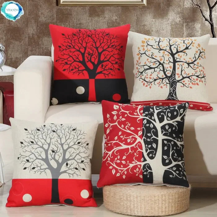 Axyaa Black Red Tree Cotton Linen Throw Pillow Cover Decor Home Sofa Bed Decorative