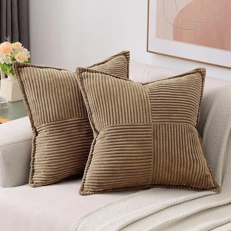 Axyaa Soft Corduroy Striped Border Throw Pillow Covers 18x18 Inch