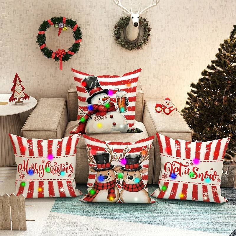Axyaa Christmas Snowman LED Light Pillowcase - Red Striped Design