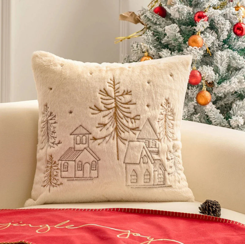 Axyaa White Faux Rabbit Fur Christmas Pillow Cover, Gold Snowman Snowflakes Embroidery