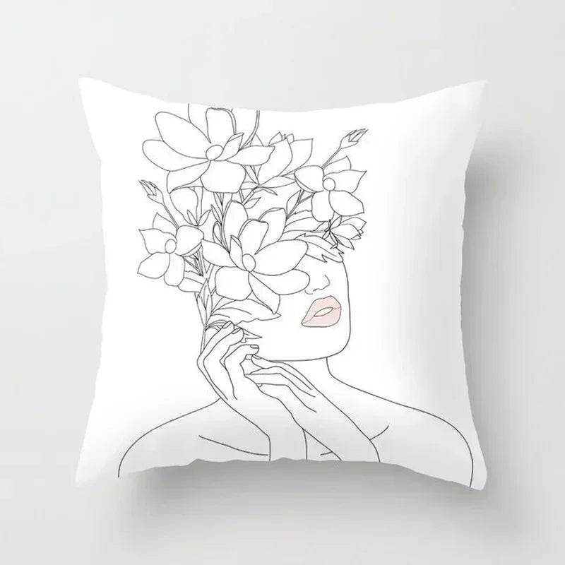 Minimalist White Pillow Cover - Axyaa Portrait Sketch Nordic Cushion