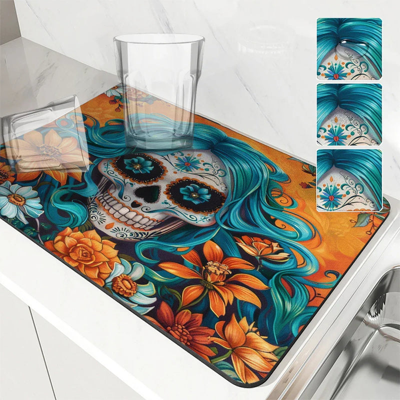 Axyaa Skull Desk Drying Mat: Heat Resistant Non-slip Kitchen Counter Pad