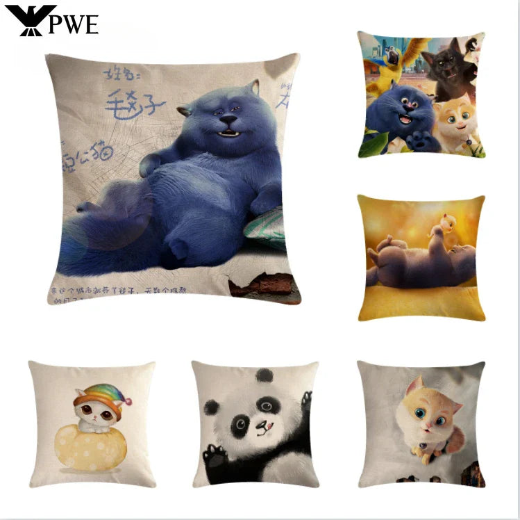 Axyaa Cartoon Cat Linen Pillow Cover for Leisure Sofa Chair Decor 45*45cm