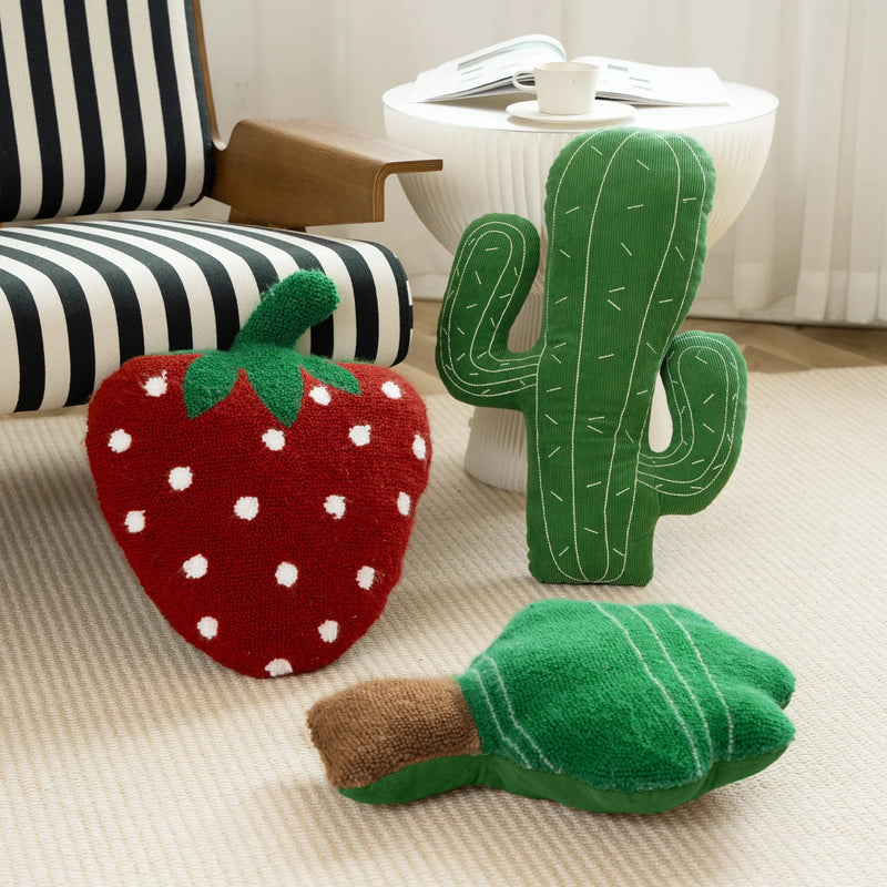 Tufted Mushroom Cactus Strawberry Shape Decorative Pillow by Axyaa