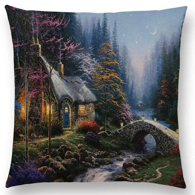 Axyaa Castle Lighthouse Scenery Painting Cushion Cover - Sofa Pillowcase