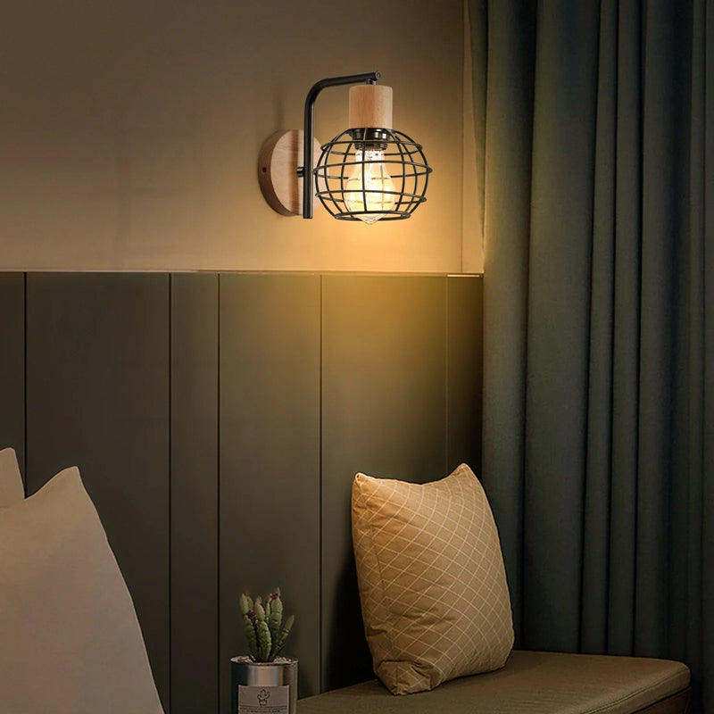Iron Wood Wall Lamp Shade E27 for Bedroom Living Room by Axyaa