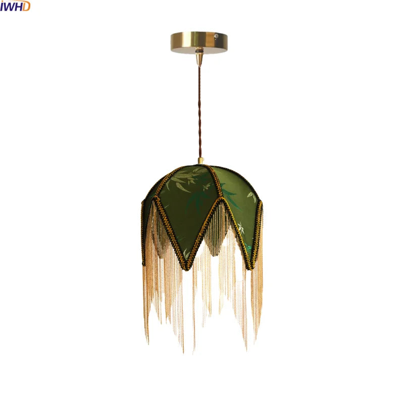 Modern Green Yellow Cloth Gold Iron Hanging Lamp by Axyaa