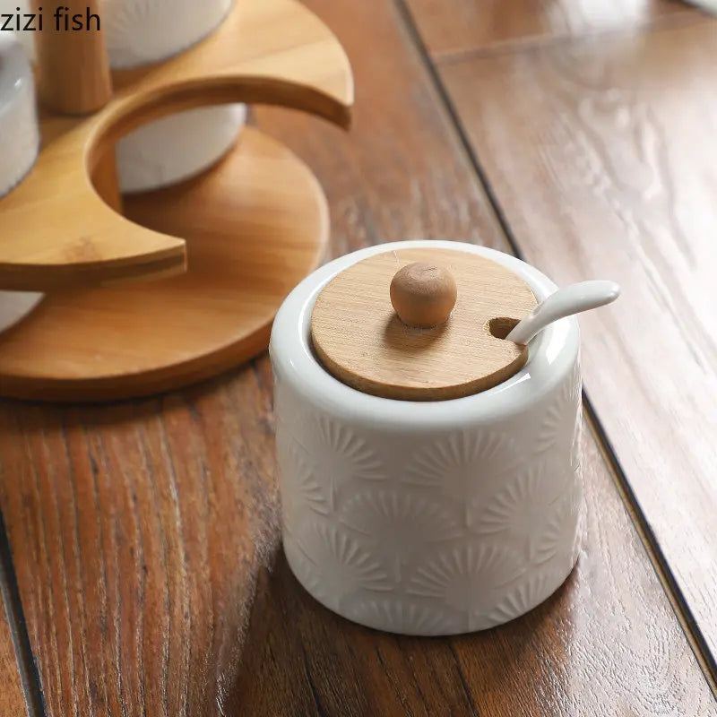 Axya Ceramic Spice Jars Set with Wooden Stand - 3-Piece Kitchen Seasoning Box