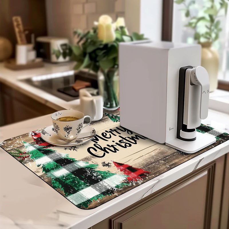 Axyaa Christmas Plaid Kitchen Antiskid Drying Mat | Quick Dry Bathroom Drain Pad