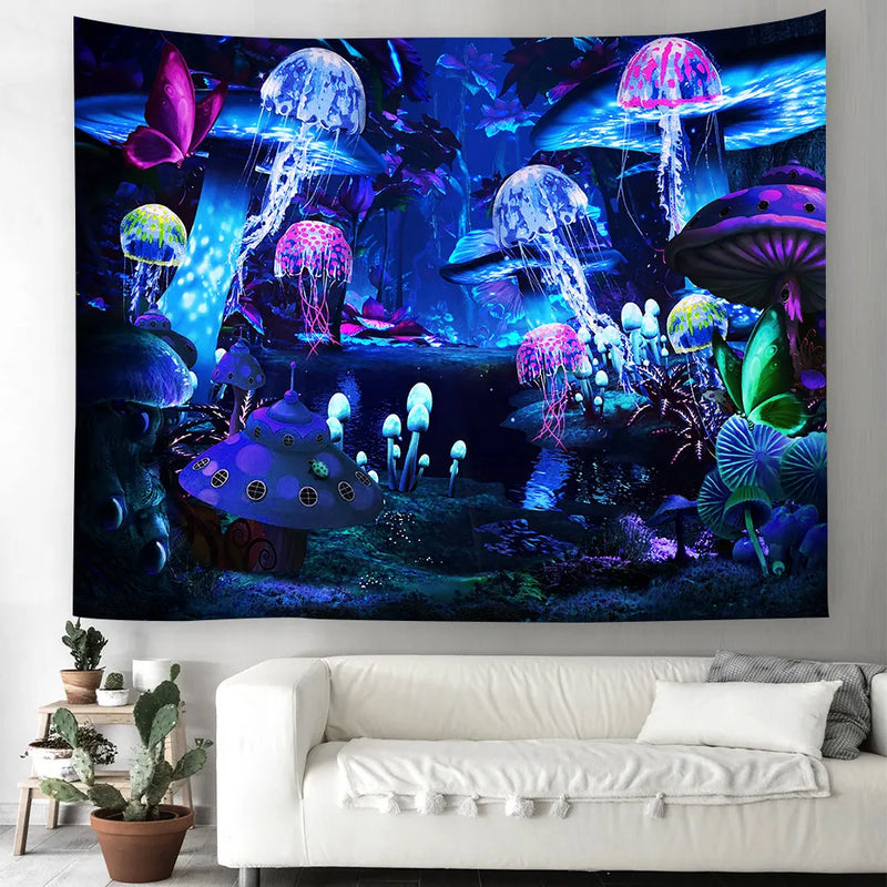 Axyaa Psychedelic Mushroom Jellyfish Skull Tapestry for Home Decor