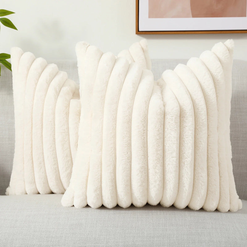 Axyaa 16x16 Faux Fur Striped Pillow Covers 2pcs - Soft Plush Velvet Back