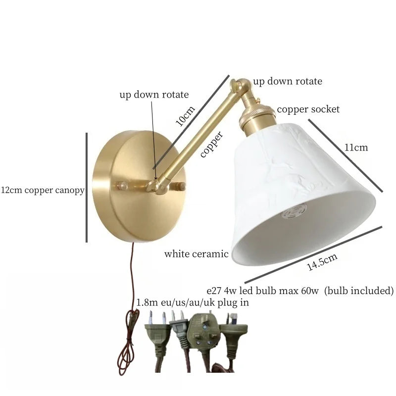 Axyaa White Ceramic LED Wall Sconce Lamp, Nordic Copper Minimalism for Living Room, Bedroom
