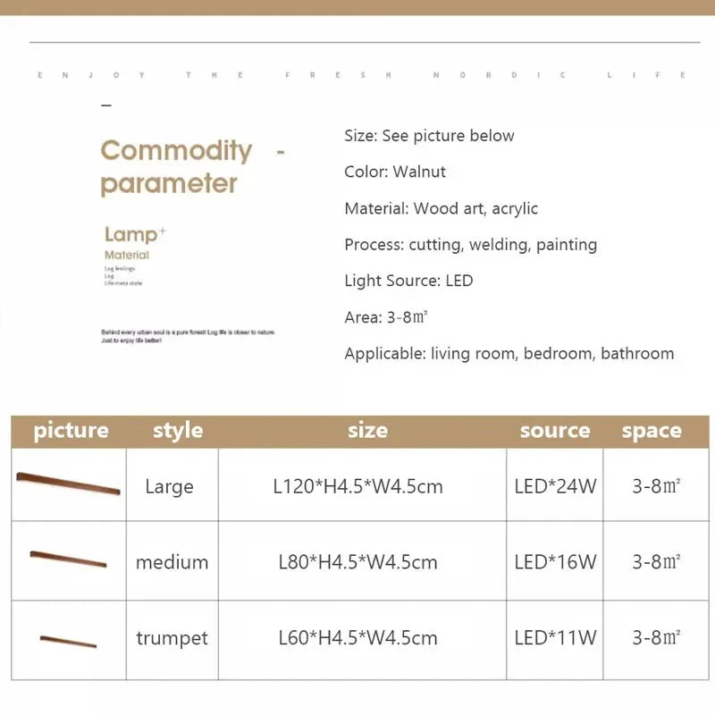 Axyaa Walnut LED Wall Lamp 60/80/120CM: Nordic Wood Sconces for Home Decor