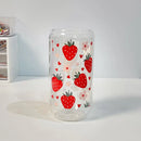 Axyaa Kawaii Strawberry Glass Cup 500ml Bamboo Lid Tumbler Straw Hot Cold Drink