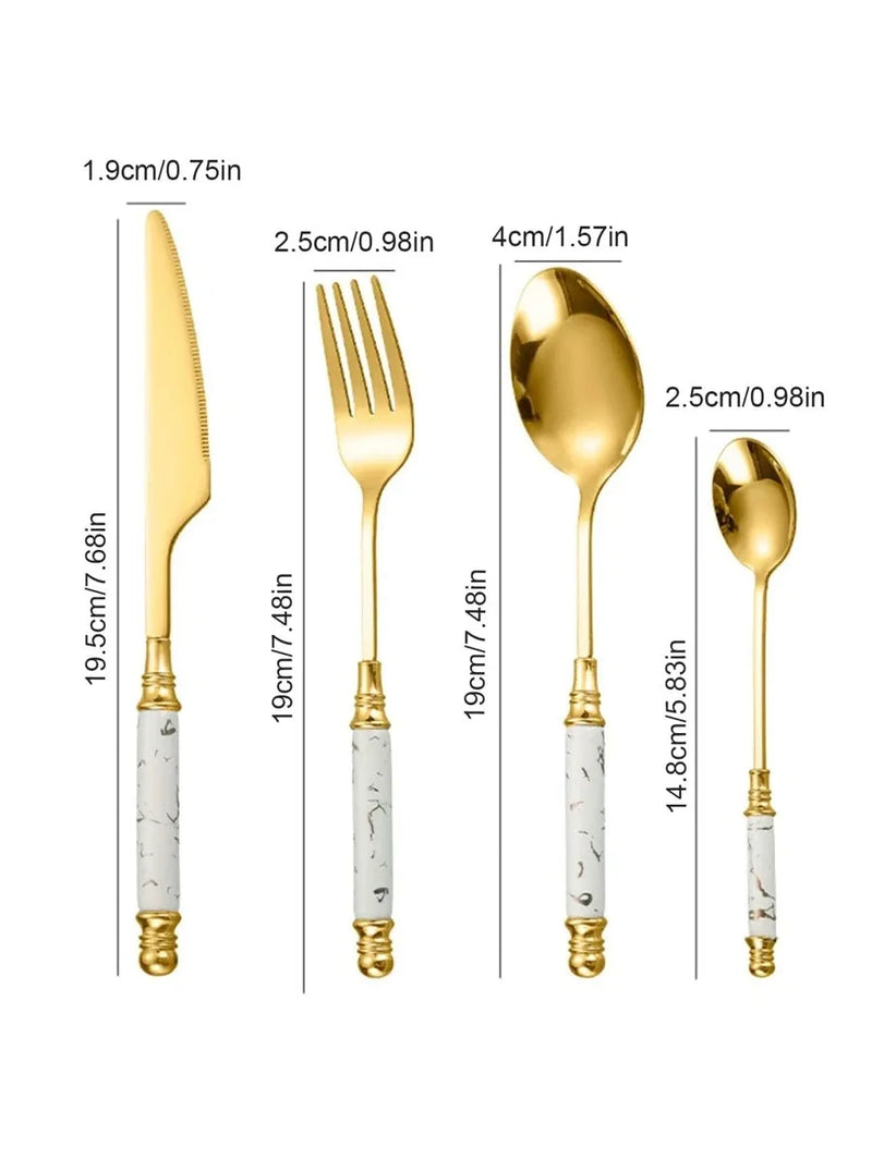 Axyaa 24pcs Ceramic Handle Cutlery Set with Holder - Stainless Steel Knife Fork Spoon