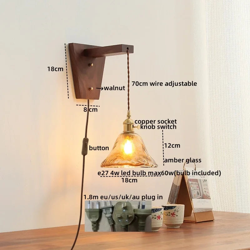 Axyaa Nordic Glass Walnut LED Wall Lights with Pull Chain Switch for Bedroom