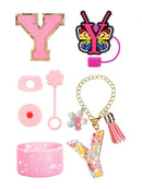 Axyaa Cup Set: Initials Silicone Straw Cap Boot Handle Sticker Charm