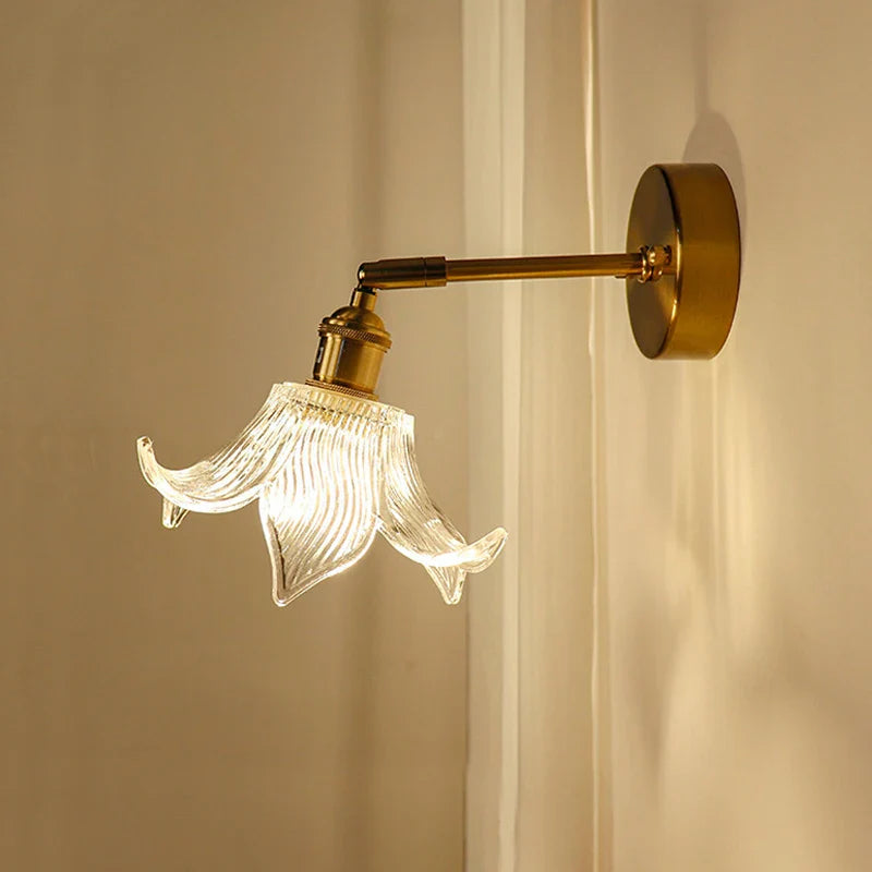 Axyaa Glass Shade Brass Wall Sconce Lamp - Modern Luxury Mirrored Bedside Light