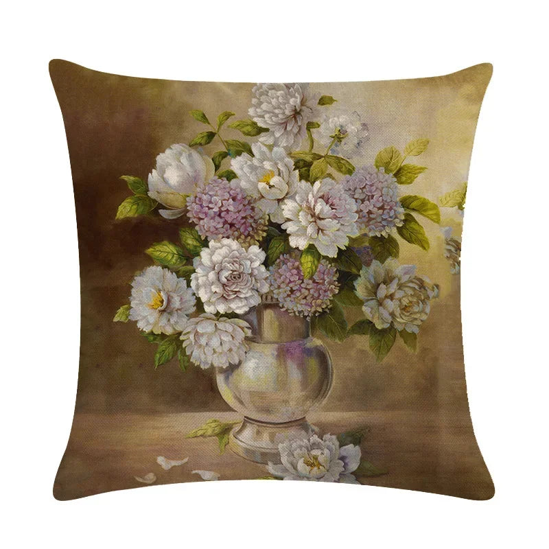 Axyaa Retro Flower Oil Painting Linen Pillowcase 45*45cm