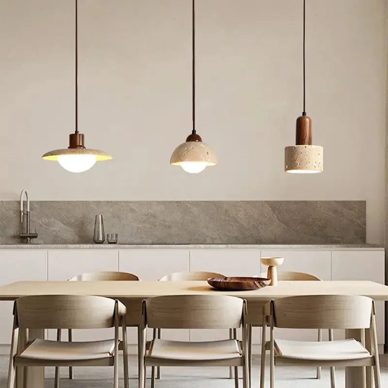 Axyaa Yellow Travertine Pendant Chandelier: Natural Stone & Wood Nordic Hanging Lights