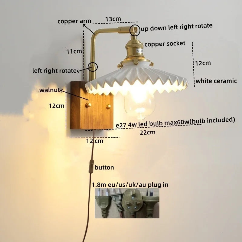 Axyaa Walnut Ceramic LED Wall Lamp with Pull Chain Switch