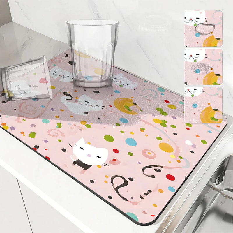 Axyaa Watercolor Polka Kitchen Drying Mat - Quick Dry Dish Draining Pad