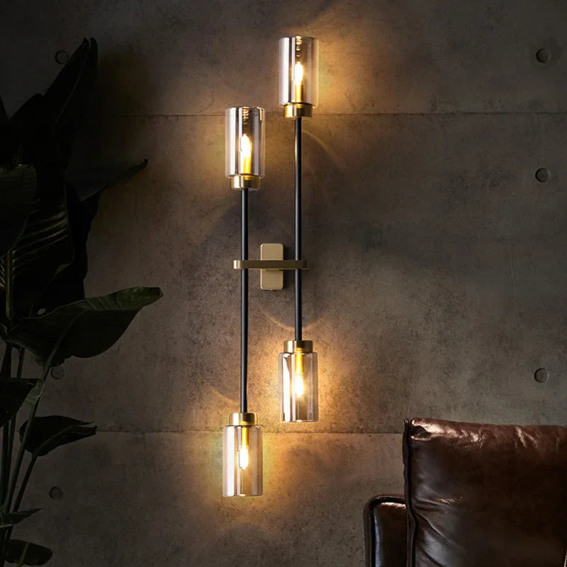 Axyaa Smokey Gray Glass LED Wall Lights Linear Brass Indoor Decor Luxe Hotel Living Room
