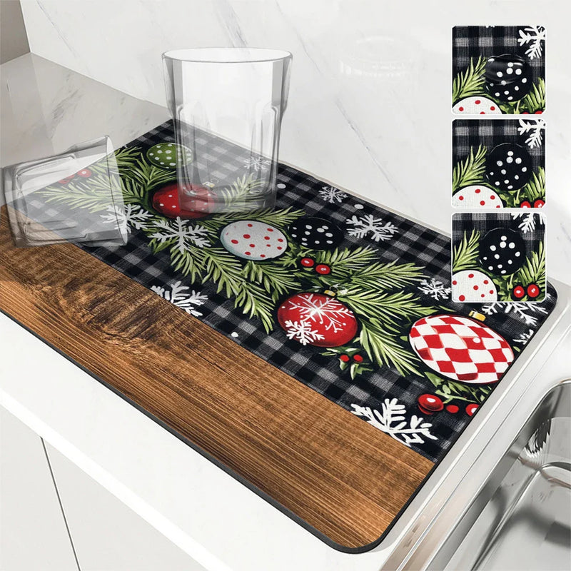Axyaa Christmas Fir Snow Kitchen Drying Mat