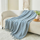 Axyaa Vintage Tassel Blue Plaid Blanket Throw Bedspread Sofa Cover