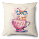 Axyaa Cartoon Kitty Cat Linen Pillowcase for Bed, Couch, and Sofa Décor