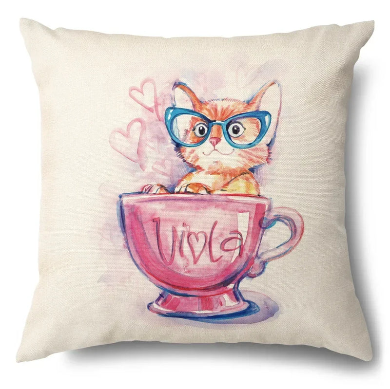 Axyaa Cartoon Kitty Cat Linen Pillowcase for Bed, Couch, and Sofa Décor