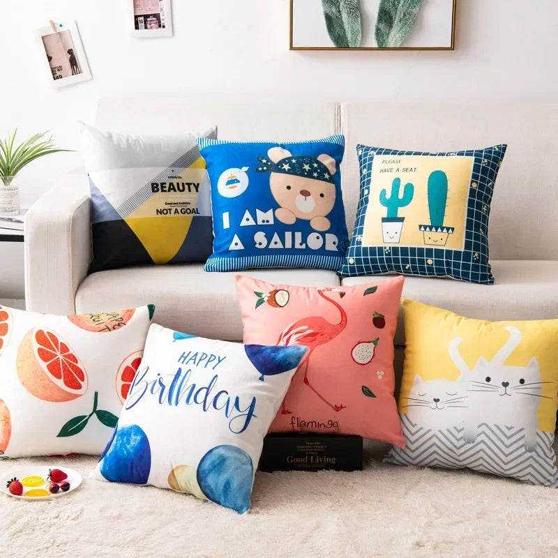 Nordic Cartoon Print Pillow Cover for Axyaa Square Cushion Sofa Decor
